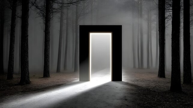 opening in a dark forest with magical light beams