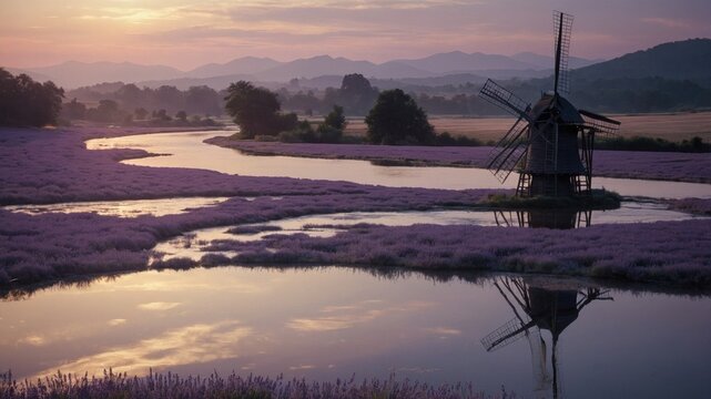 Serene sunset over a lavender field with a rustic windmill reflecting in a calm river