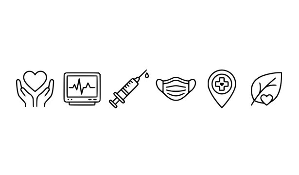 Healthcare and Medical Outline Icon Set with Heart, Monitor, Syringe, Mask, Location Pin and Leaf for Health Designs
