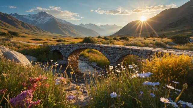 Scenic mountain landscape featuring a stone bridge over a stream, surrounded by vibrant wildflowers at sunset