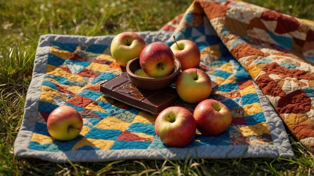 Fresh apples arranged on a colorful quilt with chocolate bars in a sunny outdoor setting