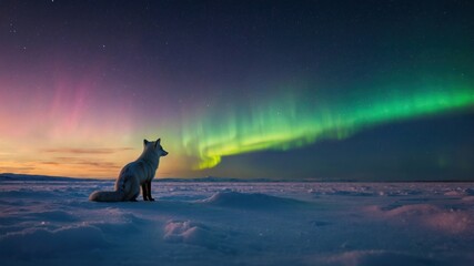 Obraz premium Arctic fox gazing at vibrant aurora borealis illuminating the snowy landscape at twilight