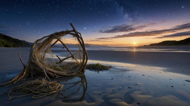 Serene sunset over a tranquil beach with a weathered fishing net and starry sky in the background