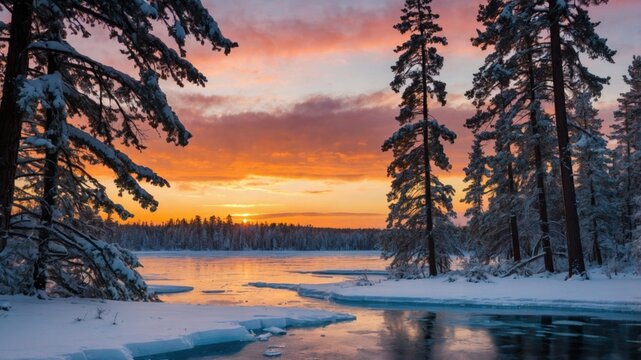 Serene winter landscape at sunset with snow-covered trees and a tranquil lake reflecting vibrant colors