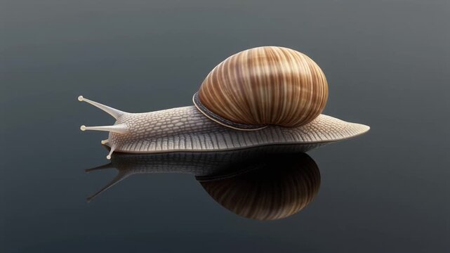 Close up macro shot of snail moving slowly on reflective dark surface