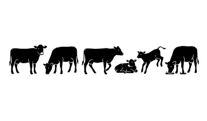 Fototapeta premium Cow Cattle Farm Animal Black Silhouette Vector Illustration Bundle Various Grazing Poses Collection of Livestock Design Elements Set