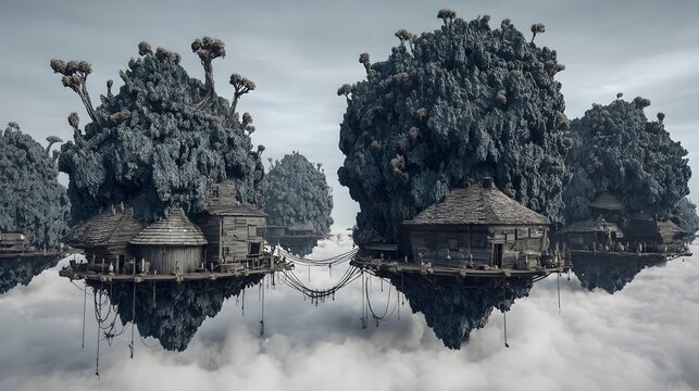 filled with floating cubes casting soft shadows on clouds