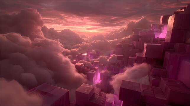 filled with floating cubes casting soft shadows on clouds