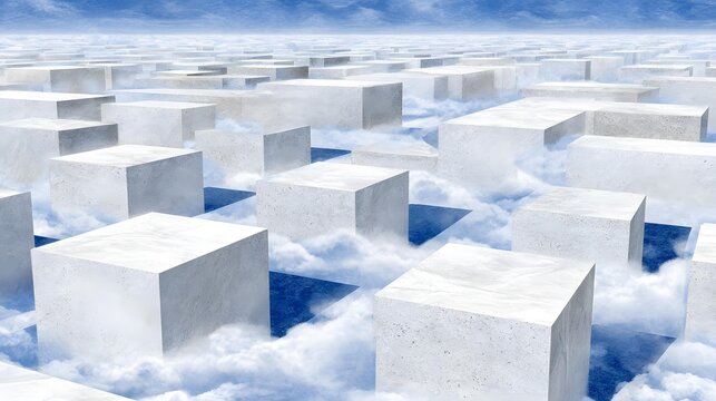 filled with floating cubes casting soft shadows on clouds