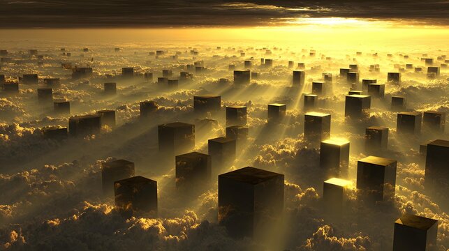filled with floating cubes casting soft shadows on clouds