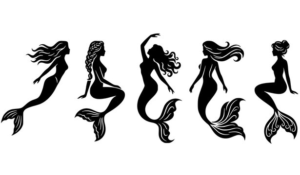 Mermaid Silhouette Vector Icon Set Featuring Elegant Mythical Sea Creatures with Long Wavy Hair and Intricate Fish Tails for Ocean Theme and Fantasy Graphic Designs