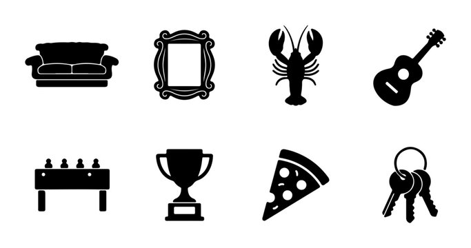 Iconic Sitcom Symbols: Sofa, Frame, Lobster, Guitar, Foosball, Trophy, Pizza, Keys