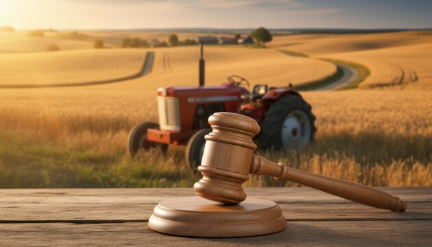 Legal wooden gavel resting on table in front of red tractor in wheat field representing agricultural law and policy regulations within rural sector