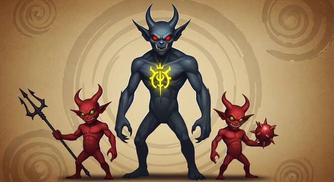 Stylized demons with red eyes and horns, one larger dark creature with a glowing symbol, and two smaller red imps, symbolizing fantasy, mythology, and dark fantasy concepts
