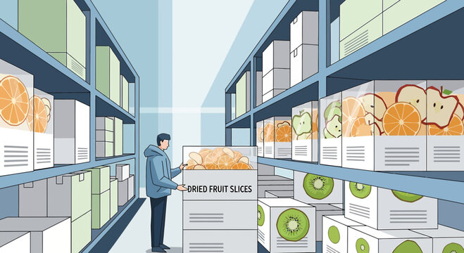 Man choosing dried fruit slices in a warehouse with stacked shelves and packaged goods.