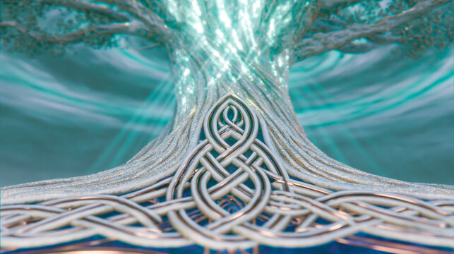 A glowing 3D render shows a Luminous Tree of Life. Intricate Celtic knot roots connect to cosmic vortex branches, displaying radiant teal, silver, and rose gold.