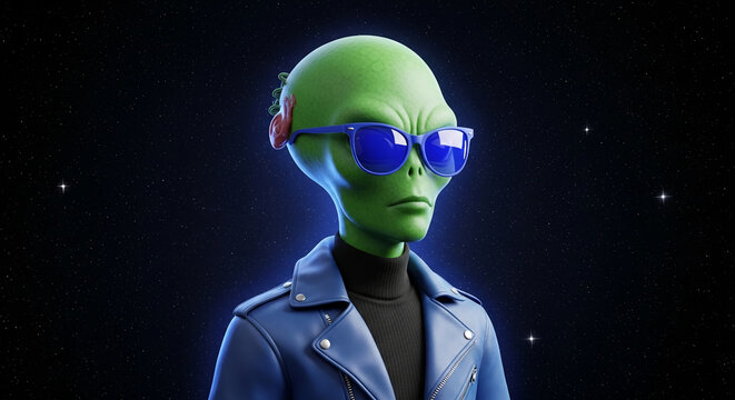 Green alien with blue sunglasses and blue jacket in starry space, symbolizing mystery, discovery, and otherworldliness