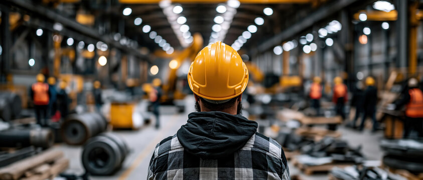 Industrial worker yellow helmet factory interior manufacturing plant safety gear engineering production industry hard hat warehouse industrial worker yellow helmet observes busy factory interior