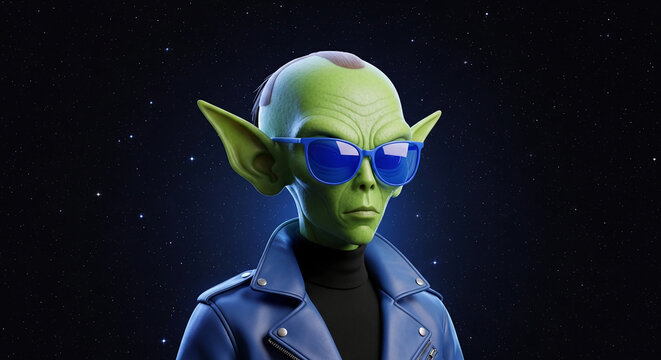 Green alien wearing blue sunglasses and leather jacket against star-filled night sky, symbolizing cosmic coolness and individuality, sci-fi fantasy, fashion