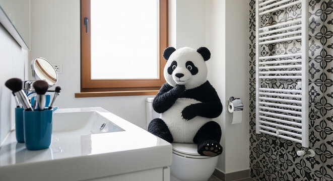 A stuffed panda sits on a toilet in a modern bathroom, a whimsical scene symbolizing humor and everyday absurdity.