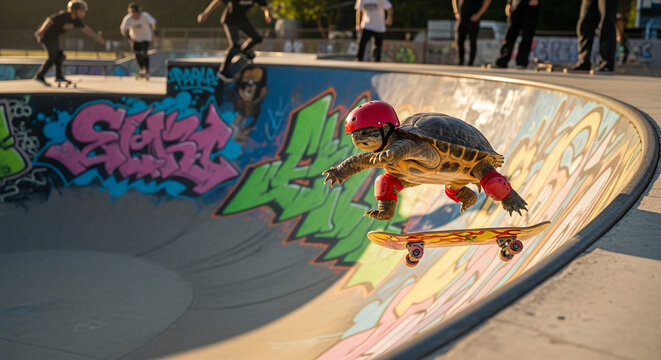 A turtle in protective gear skates a ramp, symbolizing unexpected agility and overcoming limitations with vibrant graffiti art.