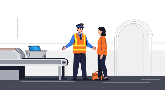 Airport security officer inspecting passenger with luggage and laptop