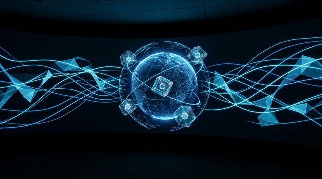 Glowing Globe 3D rendering globe abstract shapes blue light interior design