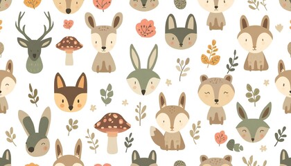 Fototapeta premium Seamless Repeat Pattern of Woodland Forest Animals – Deer, Rabbit, Owl, Fox, Mushroom – Flat