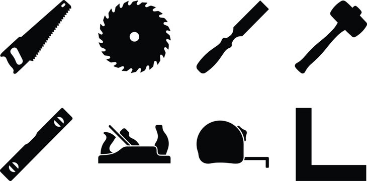 Professional woodworking and carpentry tool icon set featuring hand saw circular blade chisel mallet level and plane
