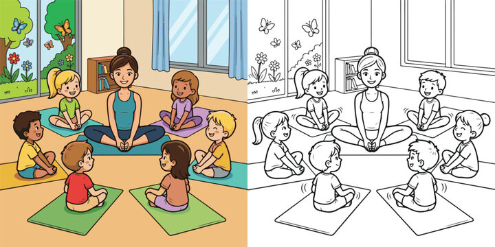 bound angle pose baddha konasana yoga exercise pose learning children child kid kids boy girl teacher cartoon clipart and lineart print vector illustration for color coloring book