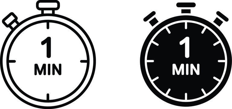 1 minute icon set featuring clock, timer, and stopwatch symbols in clean vector style.