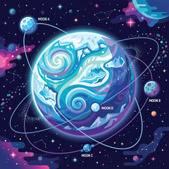 Glowing Blue Planet with Moons Orbit. © Yatda