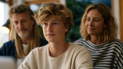 Obraz premium Teen boy in a school counselor's office pulling up grades on a shared screen, counselor and mother beside him reviewing a learning recovery plan, pandemic-era academic deficit, intervention meeting,