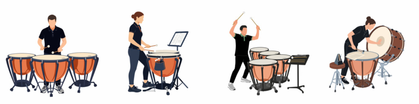 Set of flat vector illustrations showing percussionists playing timpani and bass drums with mallets on a white background.