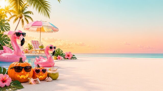 A vibrant beach scene at sunset featuring pumpkins and flamingos perfect for a tropical summer celebration