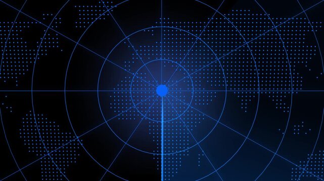 digital green radar screen with world map with sweeping beam rotating across the display