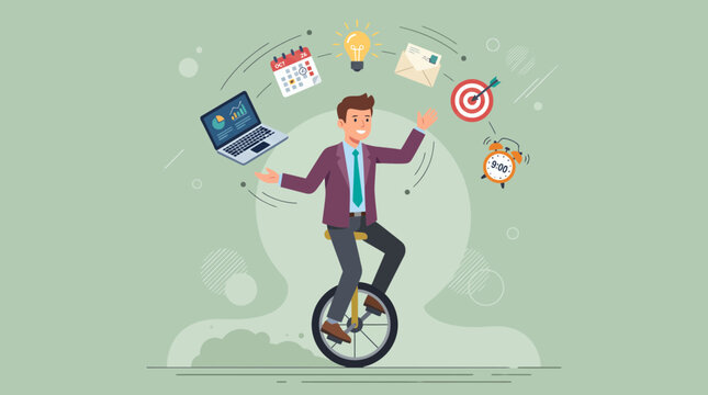 Vibrant flat design illustration of a happy businessman balancing on a unicycle while juggling business icons, symbolizing multitasking efficiency and illustrating complex project management