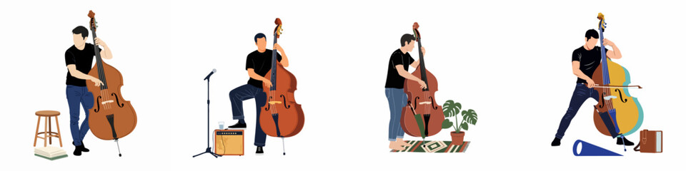Fototapeta premium Set of flat illustrations of a male musician playing the double bass in various poses and settings, including home studio and stage setups.