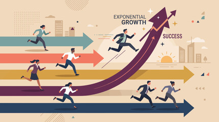 Fototapeta premium Diverse business people race on colorful arrows across a dynamic urban background with city skyline and sunrise, illustrating exponential growth and success strategies