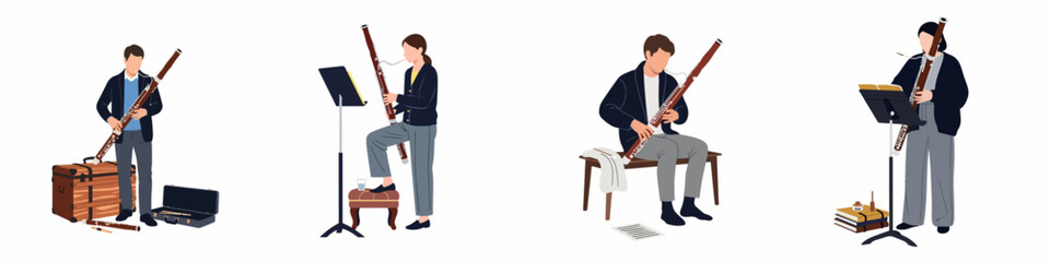 Obraz premium Collection of flat vector illustrations depicting musicians playing the bassoon in various settings and poses, including standing and sitting.