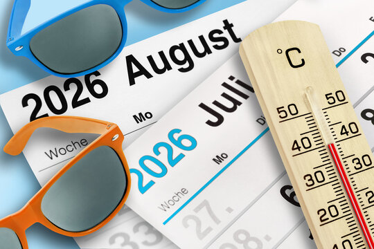Deutscher Kalender Sommer 2026 Juli und August mit Thermometer 40 Grad Celsius