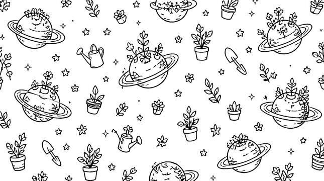 Whimsical line art of planets and potted plants in space.
