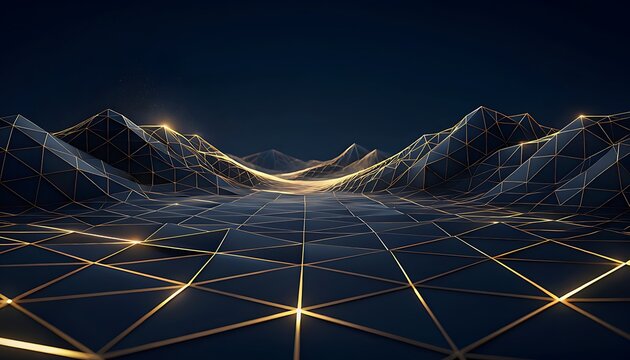 Abstract low poly digital landscape with glowing gold wireframe mountains and grid terrain
