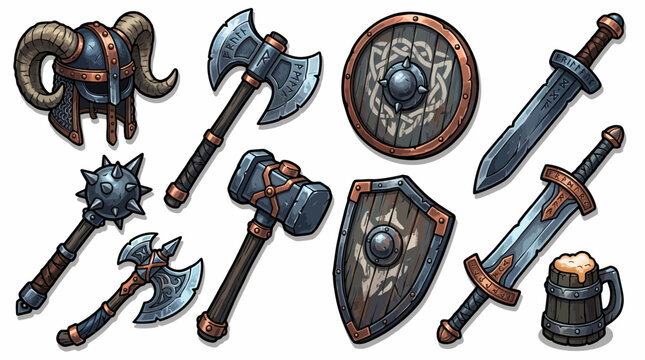 Detailed illustration of various ancient Viking warrior weapons, armor and a beer mug, Symbolizing medieval fantasy adventure and game design assets