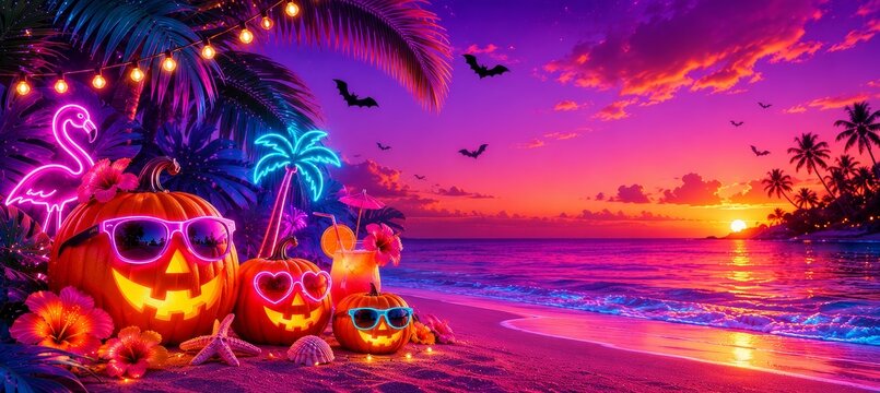 Colorful tropical halloween setting featuring glowing pumpkins on the beach during sunset with summer themed decorations