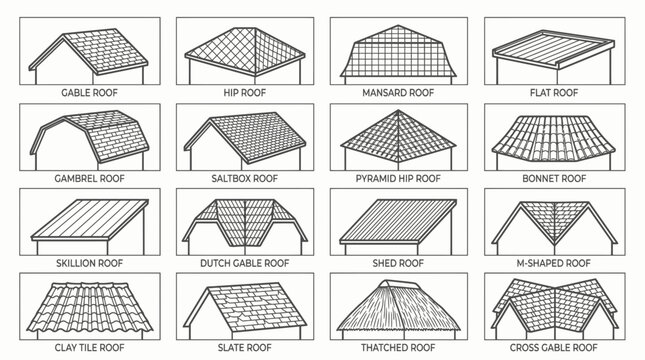 Line art illustration featuring a comprehensive collection of 16 distinct residential roof styles and shapes, illustrating architectural design and construction guides