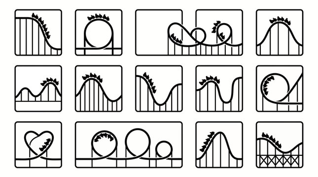Diverse black and white graphic icons illustrating various roller coaster tracks with moving cars, Symbolizing thrilling amusement park entertainment and illustrating the concept of dynamic adventure