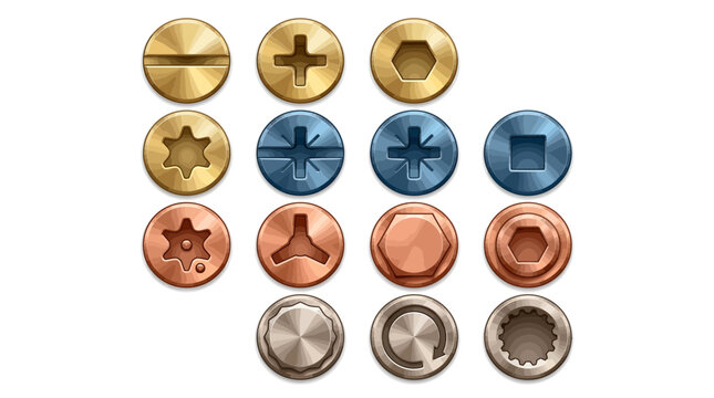 Detailed vector set of diverse metallic screw heads, showcasing slotted, Phillips, hex, Torx and security drives, Symbolizing hardware components or industrial design concepts