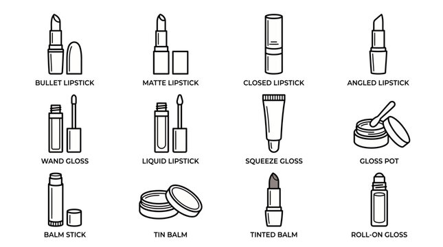 A comprehensive vector line art icon set depicting various types of lipsticks, glosses and balms, providing visual references for beauty product guides or e-commerce listings