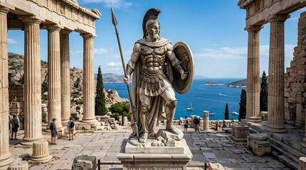 Obraz premium Ancient Greek statue overlooking Mediterranean sea.